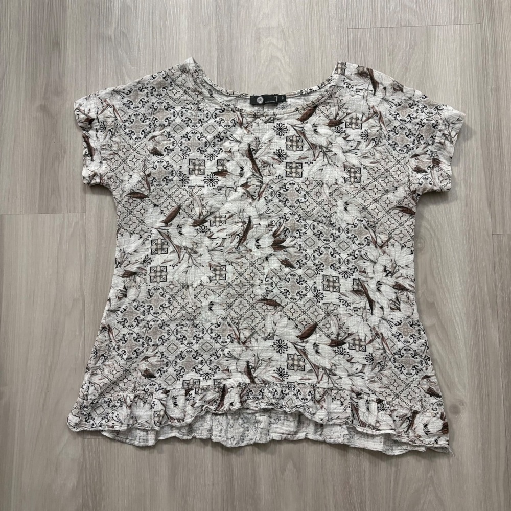 M Made in Italy Womens Tunic Top Floral Tile Print Ruffle Hem Short Sleeve M